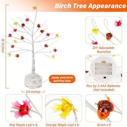 Christmas Table Decorations, Birch Trees with 18 LED Lights Maple Acorns Tree Artificial Birch Branches Battery Powered Lighted Birch Tree for Christmas Year Tabletop Indoor Home Room Decor