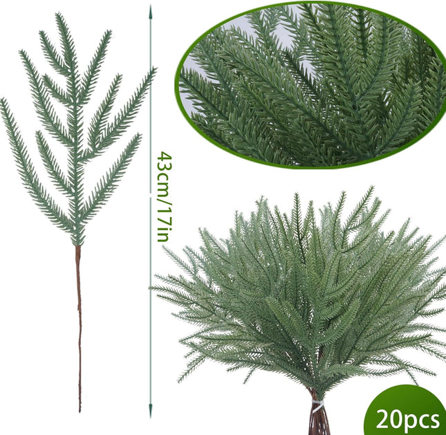 20 PCS Christmas Norfolk Pine Picks, 17'' Artificial Norfolk Pine Branches, Artificial Pine Sprigs for DIY Garland Crafts Christmas Embellishing and Home Garden Decoration