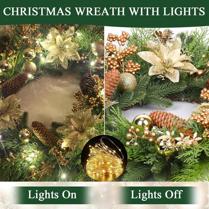 24” Christmas Wreaths for Front Door, Christmas Wreath with Lights Gold Flower Berry Leaves Ball, Glittering Wreath Decor Home Christmas Year