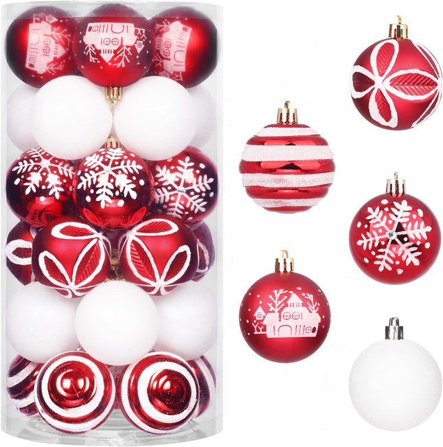 Red and White Christmas Ornaments Set, Shatterproof Christmas Tree Decorations, 2.36"/60mm Christmas Ball Ornament, Vintage Classic Christmas Ornaments Bluk for Christmas Decorations Indoor, 30ct