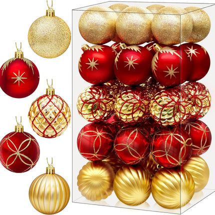 DeckTheHalls Christmas Ornaments, 30 Pcs 2.5 Inch Christmas Decoration Balls for Xmas Tree Hanging, Shatterproof Christmas Ball Ornaments for Festival Home Party Decors, (Red & Gold)