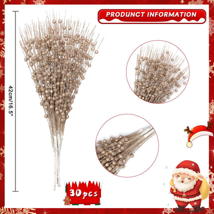 30-Pack Christmas Picks and Sprays Champagne Gold Artificial Glitter Berry Stems Branches Twigs Sticks Sprigs Christmas Tree Decorations, Ornaments for Garland, Wreath, Flowers and Tree Topper