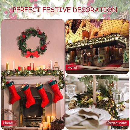 Christmas Garland Decoration with Lights - 9FT 70 LED Lighted Christmas Garland with Pine Cones, Berry Clusters, White Flower, Pine Branches, Leaves, Mixed Decorations for Mantle Fireplace Stairs Door