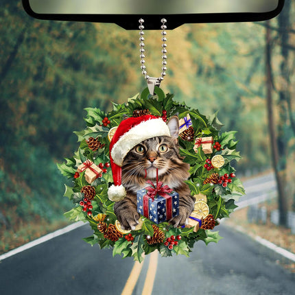 Talataca Maine Coon Cat 2D Flat Christmas Ornament, Gato Maine Coon Wearing A Christmas Hat Wreath Pine Tree Decor, Hanging House Charm Eve Keepsake, Car Rear View Mirror Accessories, Xmas