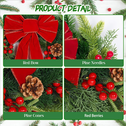 Rocinha 17 '' Christmas Wreaths Outdoor Red Bow Christmas Wreaths for Front Door Red Berry & Pinecones Christmas Reef for Door, Window, Wall, Fireplace