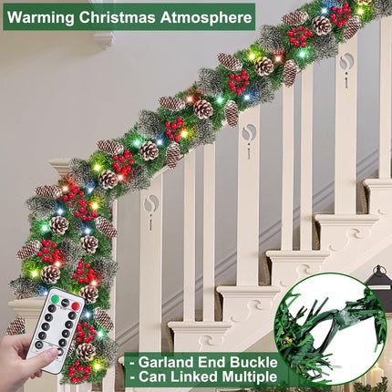 Remote Control - 9 Ft Prelit Christmas Garland 50 Color Lights Timer 8 Mode Thick 300 Branches 198 Red Berry 18 Pinecone Battery Operated Xmas Decor