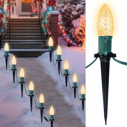 Joiedomi 30.75FT C9 Christmas Pathway Lights, 24 LED Strawberry Stake Lights, Warm White Outdoor Faceted Walkway Lights with Marker Stakes Connectable for Holiday Christmas Yard Garden Lawn