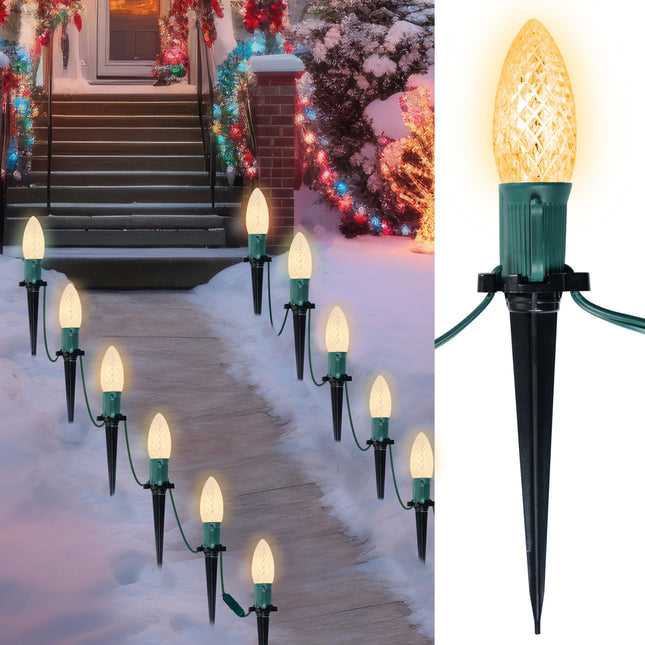 Joiedomi 30.75FT C9 Christmas Pathway Lights, 24 LED Strawberry Stake Lights, Warm White Outdoor Faceted Walkway Lights with Marker Stakes Connectable for Holiday Christmas Yard Garden Lawn