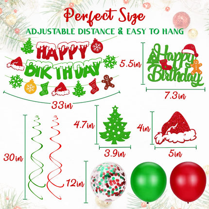 Christmas Birthday Decoration Happy Birthday Banner Christmas Cake Topper Red Green Hanging Swirls Balloons for Merry Christmas Tree Winter Snow Happy Year Theme Party Supplies