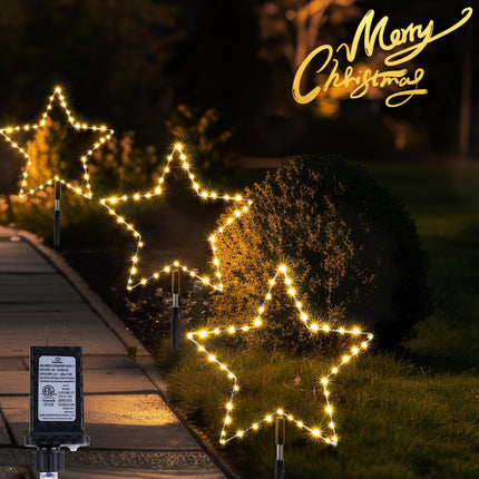 Wuhoo Pathway Lights 3 Pack Christmas Pathway Star Lights Christmas Decorations 8 Modes Waterproof Led Garden Stake Lights for Outdoor Walkway Yard Lawn Porch Party (Warm White)