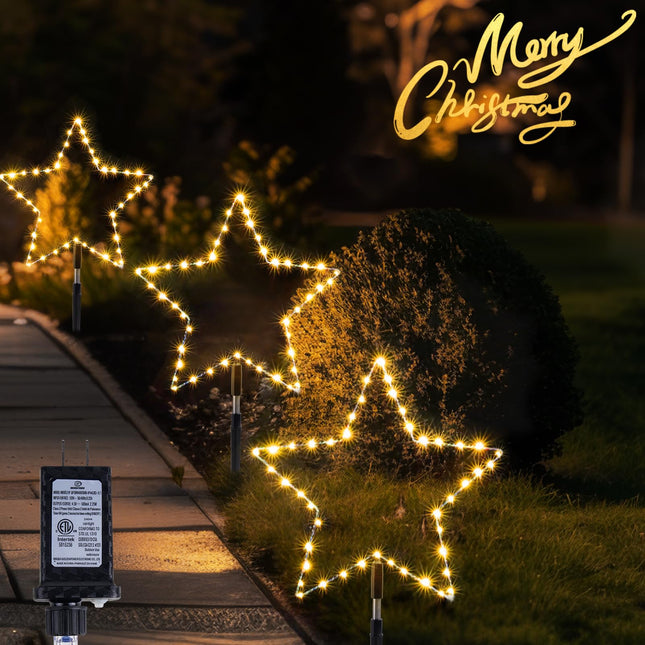 Wuhoo Pathway Lights 3 Pack Christmas Pathway Star Lights Christmas Decorations 8 Modes Waterproof Led Garden Stake Lights for Outdoor Walkway Yard Lawn Porch Party (Warm White)