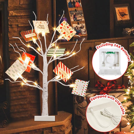 PEIDUO Christmas Decorations, 22 Inch Card Tree Holder with 8 Clips and 8 Christmas Cards, Lighted Tabletop Money Tree, for Christmas,Birthday Wedding,Battery Powered, 6H/18H Timer (White)
