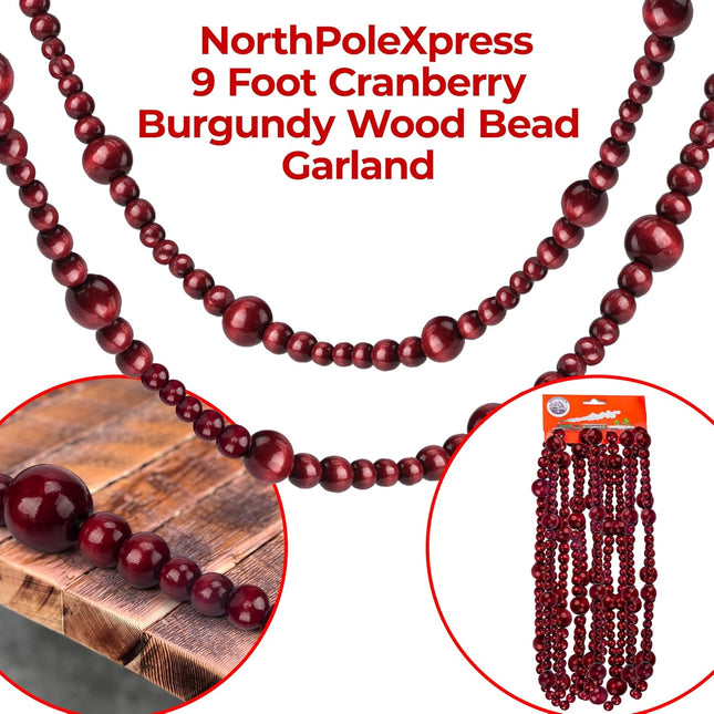 9 Foot Cranberry Burgundy Wood Bead Ball Christmas Garland Wooden Christmas Tree Garland Perfect for Rustic Natural Country Farmhouse Vintage Trees Garland Christmas Decorations Assorted Sizes