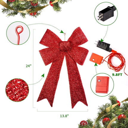 24 Inch Red Christmas Bows with LED Lights,40 Led Christmas Tree Decoration Wreath Bow Light,11 Function Christmas Bow Topper Light for Indoor Outdoor Christmas Decoration