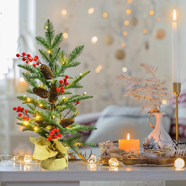 2FT Pre-lit Mini Christmas Tree with 30 LED Lights, Battery-Operated Tabletop Tree with Timer, Pine Cones & Berries – Ideal for Party Decorations and Holiday Décor