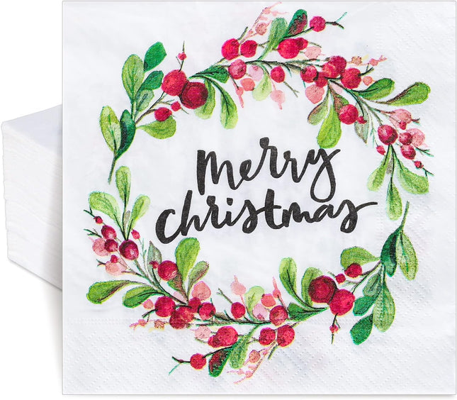 Whaline 100 Pack Merry Christmas Paper Napkins Watercolor Style Wreath Pattern Disposable Napkins Xmas Garland Decorative Napkins for Christmas Holiday Dinner Party Supplies, 6.5 x 6.5 Inch