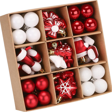 Sea Team 62-Pack Assorted Shatterproof Plastic Christmas Ball Ornaments Set, Miniature Baubles, Pendants, Decorations for Small Xmas Tree, DIY Wreath, Garland (Red, White)