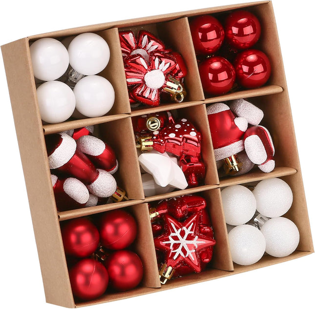 Sea Team 62-Pack Assorted Shatterproof Plastic Christmas Ball Ornaments Set, Miniature Baubles, Pendants, Decorations for Small Xmas Tree, DIY Wreath, Garland (Red, White)