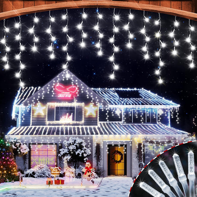 360LED 49FT Christmas Lights Outdoor Decorations with 72 Drops, 8 Modes String Lights, Plug in Waterproof with Timer and Memory Function for Christmas House Fence Party Decor (Cold White)