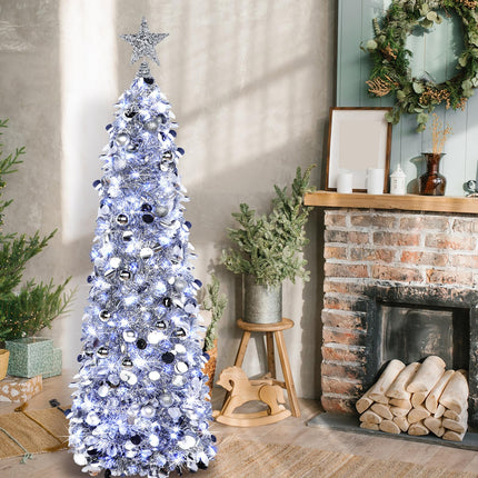 Jenaai 3 Pcs Pop up Christmas Tree 5ft Tinsel Pencil Christmas Tree with LED String Light Silver Balls Tree Star Topper Artificial Collapsible Christmas Tree Ornaments for Xmas Holiday Party Decor