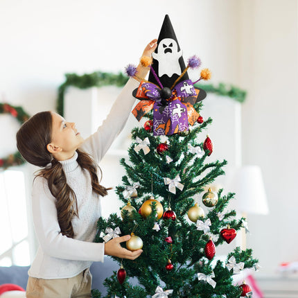 Zainpe Christmas Tree Topper Hat Ghost Pattern Black Felt Wizard Hat with Purple Orange Bow Adjustable Glitter Pom-poms Xmas Holiday Decoration Party Supplies for Indoor Outdoor Home