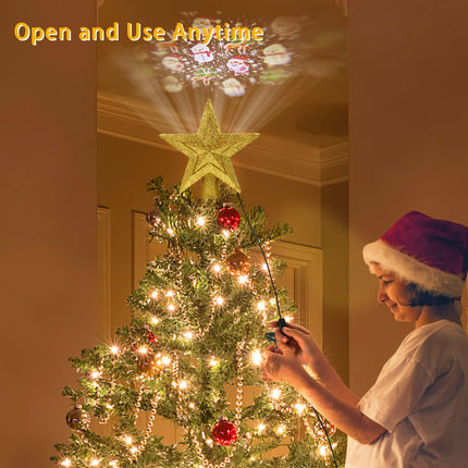 Sparkling Gold Christmas Tree Topper Lighted, 3D Hollow Xmas Tree Decorations, Christmas Tree Star Topper with 2 Projection Modes, Suitable for Party Festivals