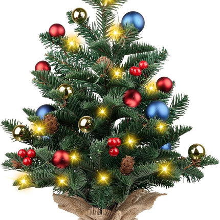 24 Inch Pre-lit Artificial Mini Christmas Tree, Vlorart Christmas Tree Tabletop Small Christmas Tree with Lights Includes Colored Balls, Berries, Pine Cones, and Cloth Bag Base