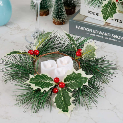 Christmas Candle Rings Set of 2, 4＂ Holly Leaf Candle Wreaths for Pillar and Taper Candles - Festive Candlesticks Centerpieces for Christmas, Wedding, Thanksgiving, Party, Dinner Table Decor