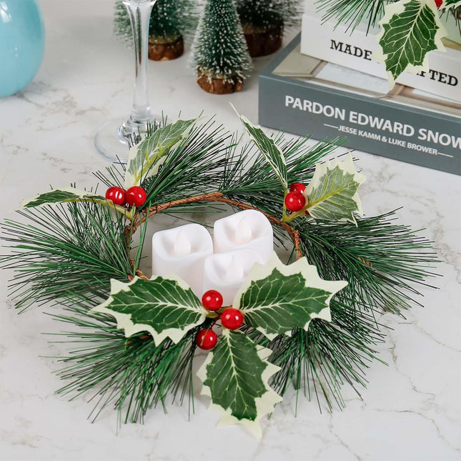 Christmas Candle Rings Set of 2, 4＂ Holly Leaf Candle Wreaths for Pillar and Taper Candles - Festive Candlesticks Centerpieces for Christmas, Wedding, Thanksgiving, Party, Dinner Table Decor