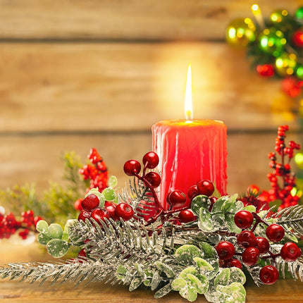 Sliner 6 Pcs Christmas Candle Rings Wreaths Decor Artificial Red Berries Snowy Pine Needles Candle Wreaths Hanging Garland Wreath Candle Holder for Pillars Kitchen Cabinet Home Table Centerpiece