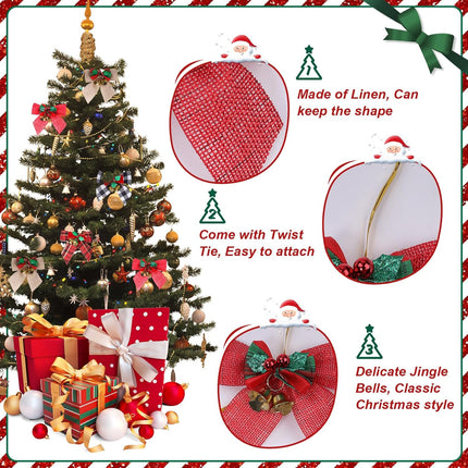 YBB 24 Pack Christmas Tree Bows, Buffalo Plaid Linen Bowknot Red Wreath Bow with Jingle Bells for Christmas Garland Tree, Crafts, Wrapping, Wreath Xmas Hanging Ornaments Decor