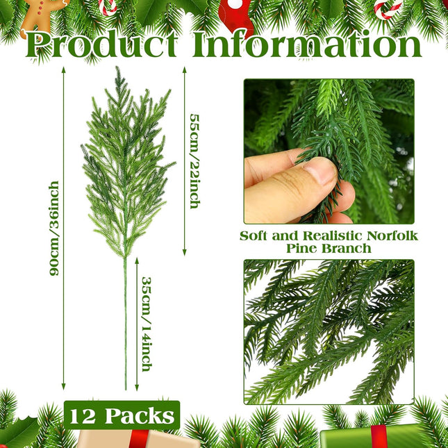Zeyune 12 Pcs 36 Inch Christmas Norfolk Pine Branches Artificial Norfolk Pine Stem Realistic Greenery Norfolk Pine Sprigs Picks Faux Norfolk Pine Needle for Vase DIY Crafts Garland Wreath Home Decor