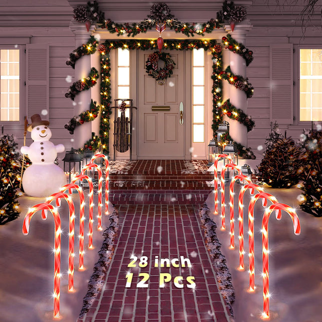 COOLWUFAN 28" Christmas Candy Cane Pathway Markers, Set of 12 Pack Christmas Outdoor Decorations Pathway Lights with 72 Warm Lights for Christmas Holiday Party Walkway Patio Garden Yard Lawn Decor