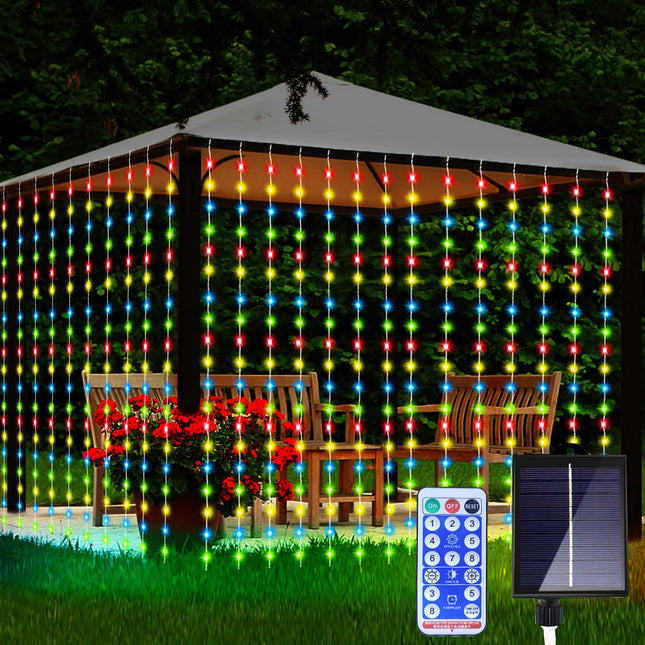 300 LED Solar Curtain Light Outdoor Remote Control 8 Lighting Modes Fairy Lights, IP65 Waterproof Copper Wire Lights for Christmas Party Wedding Home Bedroom Garden Wall Decorations (Colorful)