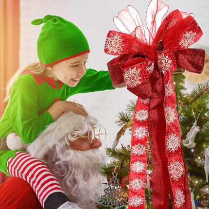 XunYee Large Christmas Tree Topper Bow 12.6 inch Lighted up Christmas Bow with 4 Snowflake Ribbon Streamers x 3 Yards Long Each for Xmas Christmas Tree Decor(Red)