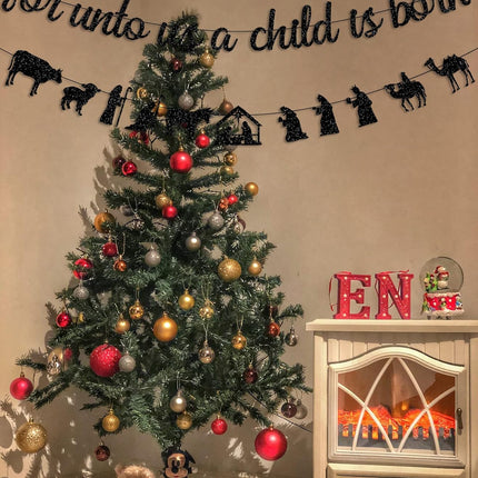 Black Glitter For Unto Us A Child Is Born Banner and Christmas Nativity Scenes Garland Banner Holy Family Xmas Nativity Party Decorations Jesus Manger Scene Religious Christmas Holiday Fireplace Mantle Supplies