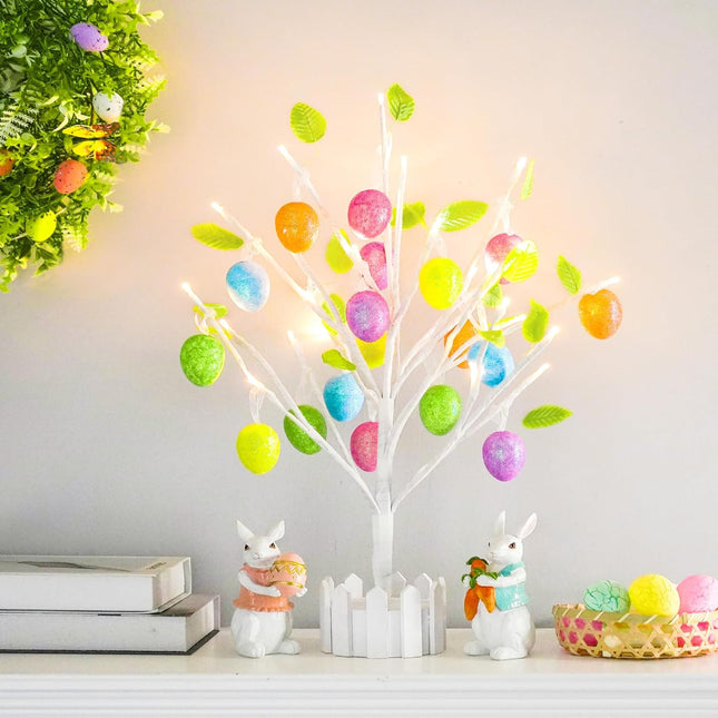 24" Pre-lit Lighted Easter Egg Tree with 18 Hanging Easter Egg Ornaments 28 LED Light Indoor Battery Operated Timer Function Table Decor for Home Party Holiday Spring Decoration Easter Party