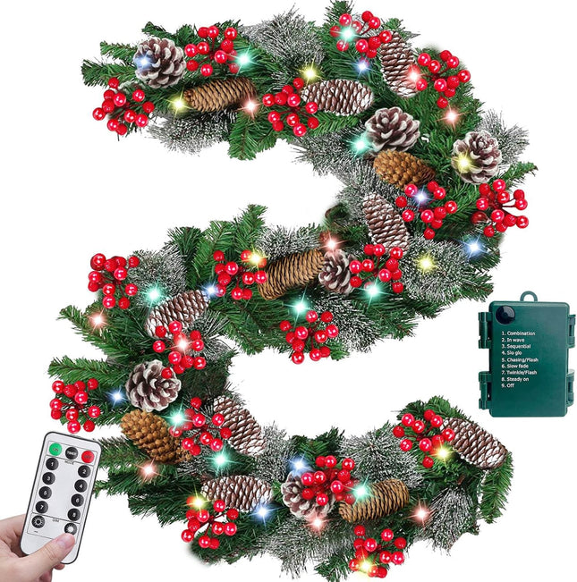Remote Control&Timer&8 Modes 9 Ft by 10 Inch 50 LED Prelit Christmas Garland Decorations Colorful Lights Thick 300 Lifelike Snowy Tips 198 Red Berry 18 Pinecone Xmas Garland Fireplace Door Stairs Home