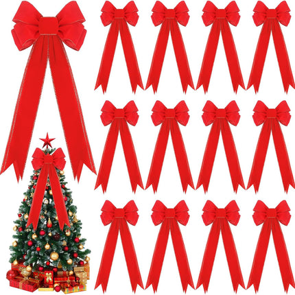 Zeyune 12 Pcs Large Christmas Red Bows with Gold Edge Velvet Xmas Wreath Bows 10" x 26" Christmas Tree Topper Bows for Holiday Party Supplies Indoor Outdoors Wrapping Decorations