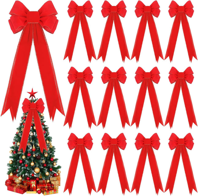 Zeyune 12 Pcs Large Christmas Red Bows with Gold Edge Velvet Xmas Wreath Bows 10" x 26" Christmas Tree Topper Bows for Holiday Party Supplies Indoor Outdoors Wrapping Decorations