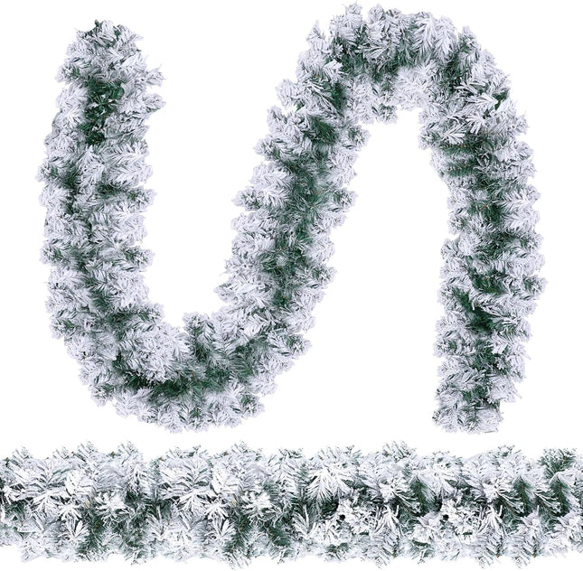 Hotop 2 Pcs 9 ft Christmas Snowy Flocked Garland White Flocked Spruce Garland Winter Frosted Artificial Pine Garland for Xmas Seasonal Indoor Home Fireplace Mantle Tree Stair Decor