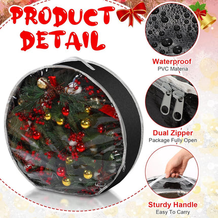 Aliceset 4 Pcs Christmas Wreath Storage Bags Large Garland Holiday Wreath Storage Containers with Window and Handle Zipper for Halloween Holiday Seasonal Storage Wrapping(24 x 24 x 7.8 Inch,Black)