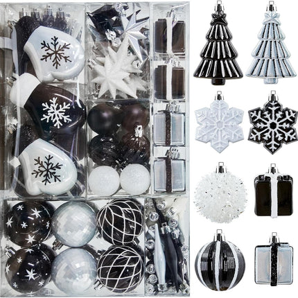 144 PCS Shatterproof Black White Christmas Tree Ornaments, Plastic Xmas Hanging Ball Set with Lanyard, Gloves, Box, Star, Xmas Tree Decor for Holiday Halloween Party