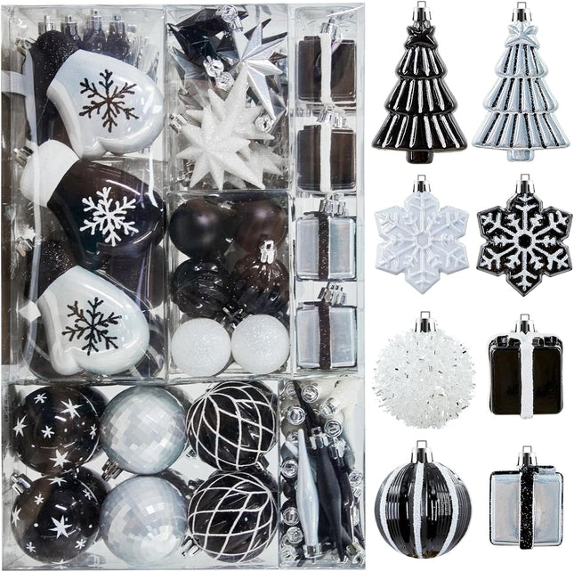 144 PCS Shatterproof Black White Christmas Tree Ornaments, Plastic Xmas Hanging Ball Set with Lanyard, Gloves, Box, Star, Xmas Tree Decor for Holiday Halloween Party