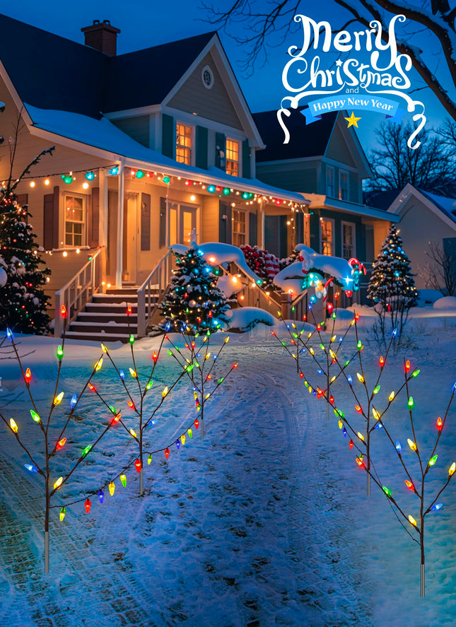Brightown LED Twig Lights, 4 Packs Lighted Branches for Vases Plug in, C6 Driveway Christmas Lights, Outdoor Christmas Stems Outdoor Decorations Yard, Multicolor
