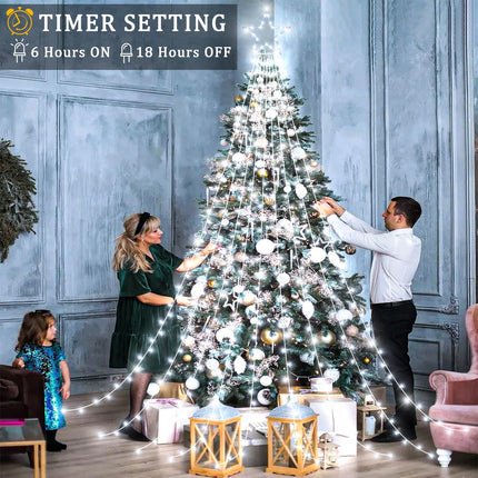 Christmas Lights Outdoor - 344 LED 12FT Christmas Tree Lights with Topper Star, Waterproof Plug in 8 Modes Waterfall String Lights for Indoor Patio Yard Lawn Party Xmas Decorations, White