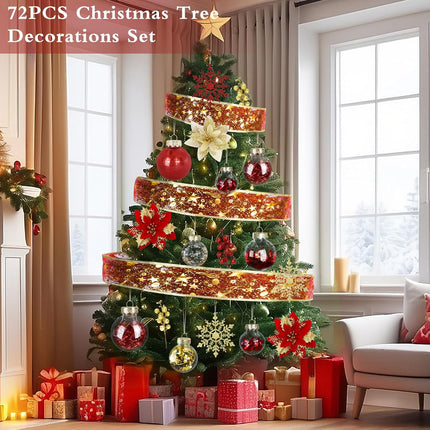 HOHY 72pcs Christmas Ornaments Set Christmas Tree Decorations Red and Gold Christmas Ornaments Ball Shatterproof Ornaments with Snowflake, Glitter Poinsettia Flowers, Glitter Berries Stems, Ribbon