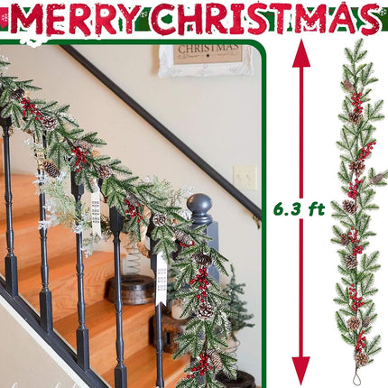 Christmas Pine Garland Artificial 6.3FT with Red Berry Branch Pine Cone Winter Greenery Garland for Holiday Season Decor, Xmas Tree Garland, Table Runner Decorations, Outdoor Indoor for Stairs Railing