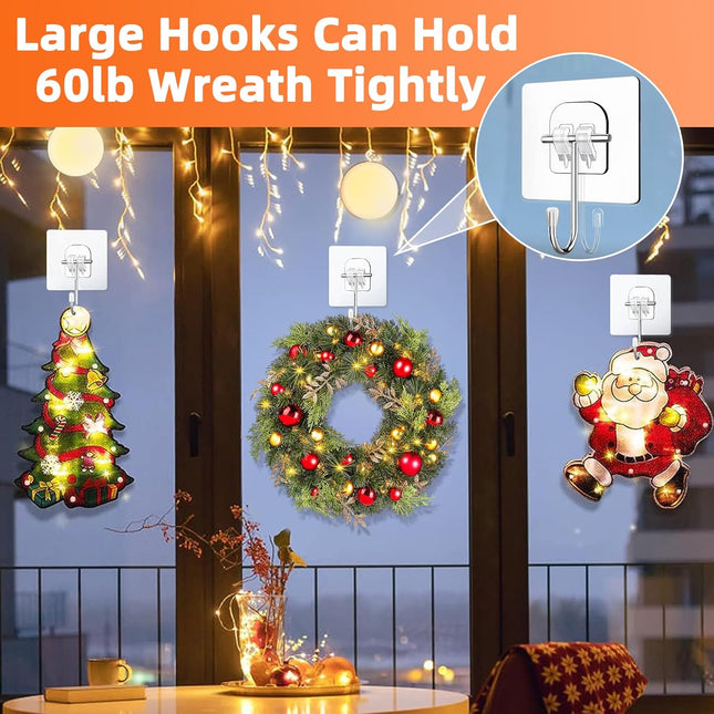 Wreath-Hangers-for-Front-Door,Large Clear Wreath-Door-Hanger-Easter-Christmas-Halloween-Decorations,60lb Over-The-Door-Hooks Glass Door,Adhesive-Wall-Hooks for Hanging Wreath Home-Decor Inside Outside