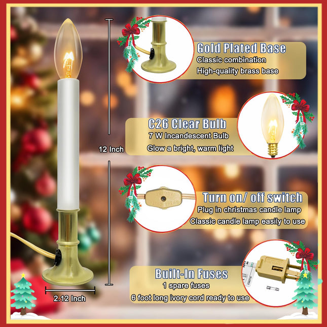 4 Pack Electric Window Candle Lamp with Gold Plated Base, Christmas Window Candles with On/Off Switch, C26 Light Bulb, E12 Base, Window Candles Plug in and Ready to Use for Holiday Wedding Party Decor